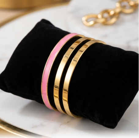 Aura Pink Enamel & Gold Stainless Steel Stackable Bangle Set